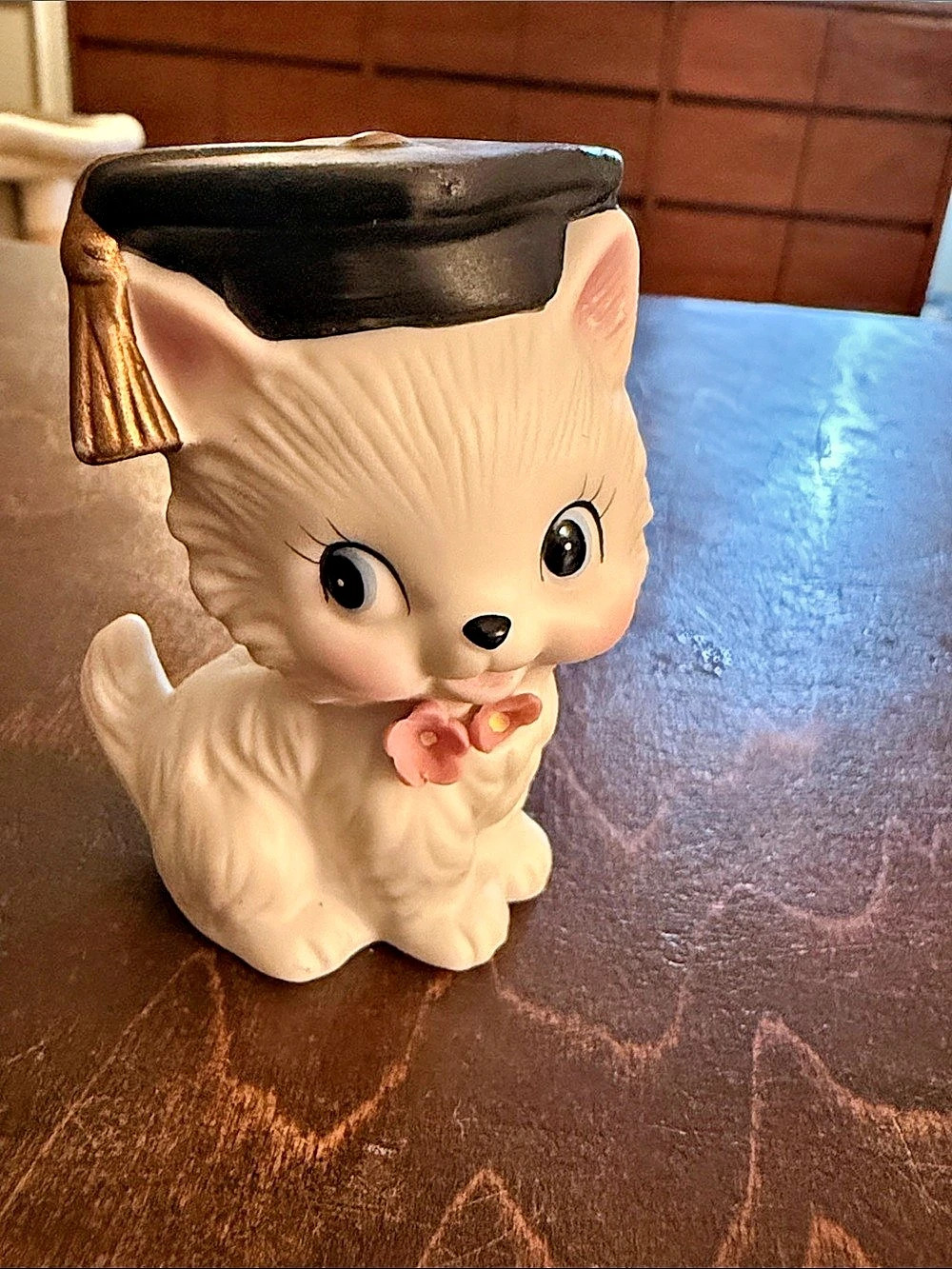 Cat Figure Black Graduation Cap Tassel 3D Flower Collar Ceramic Lefton Taiwan 17